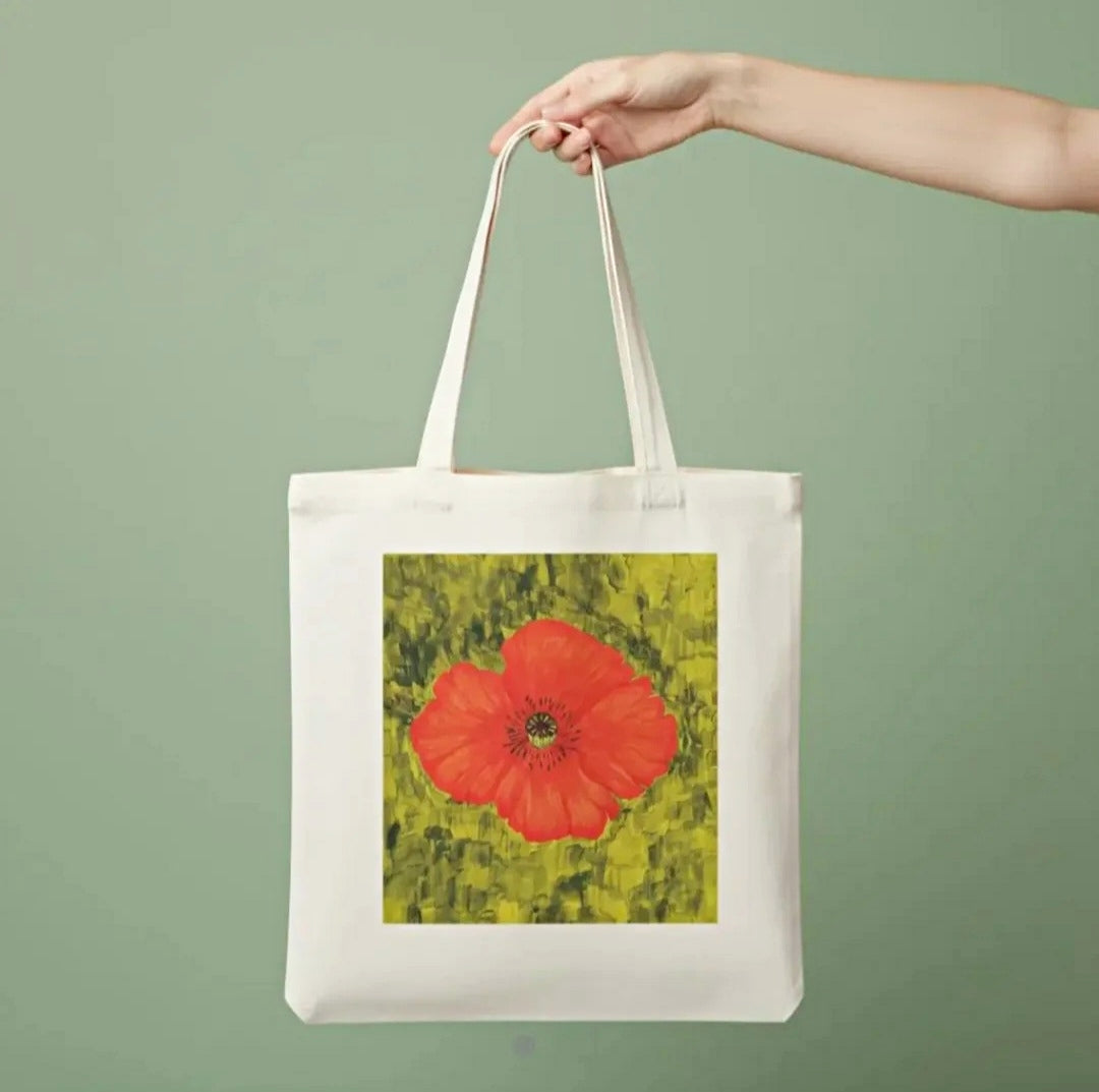 Poppy Flower Premium 100 % Cotton Canvas Tote Bag Natural