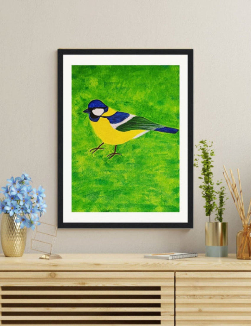 Blue Tit Hand Painted Wooden Framed Art Print