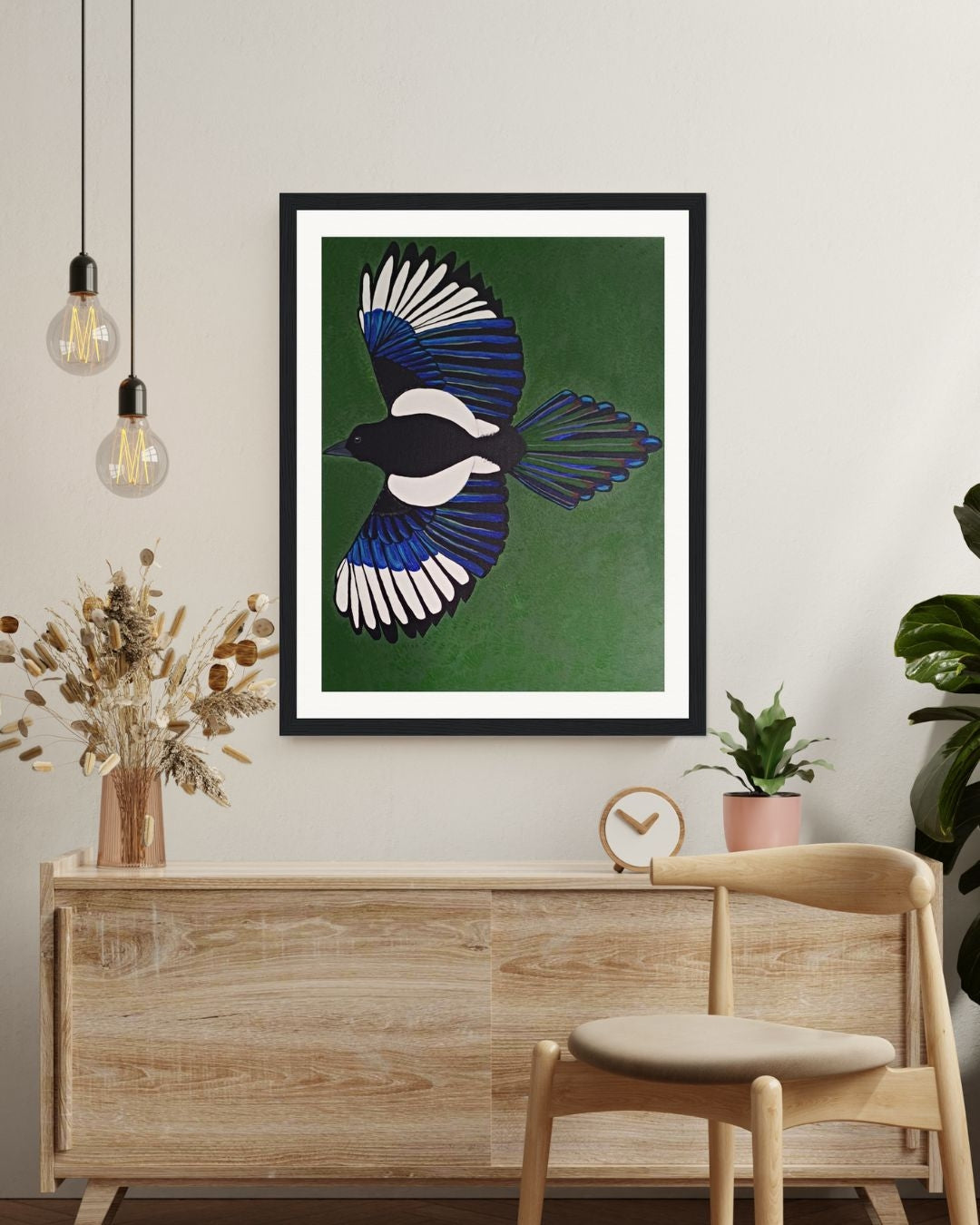 Magpie Hand Painted Wooden Framed Art Print